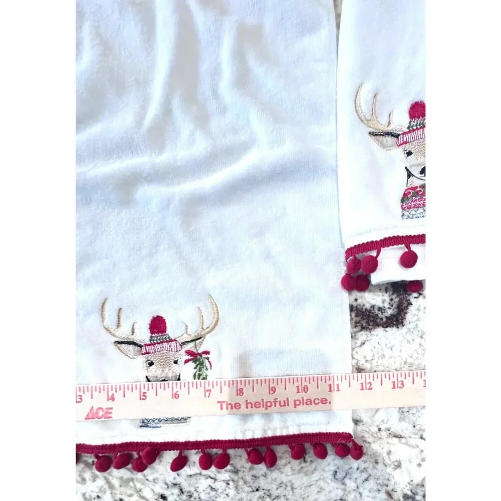 Jingles & Joy Reindeer NEW Hand Towels Set (2) Embroidered w/ Red Trim Pom Poms